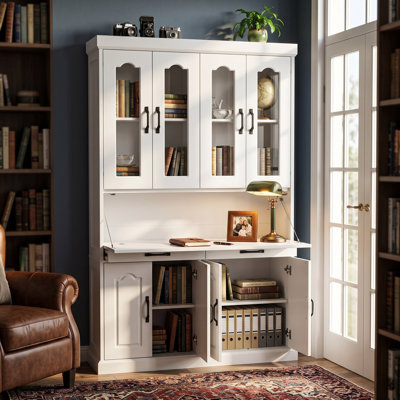 Secrétaire-bibliothèque blanche de 190 cm de haut avec bureau rabattable, portes vitrées, 2 tiroirs et trousse antibasculement