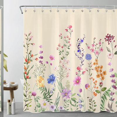 Spring Meadow Botanical Shower Curtain - Nature-Inspired Wildflower Design, Green and Beige Fabric