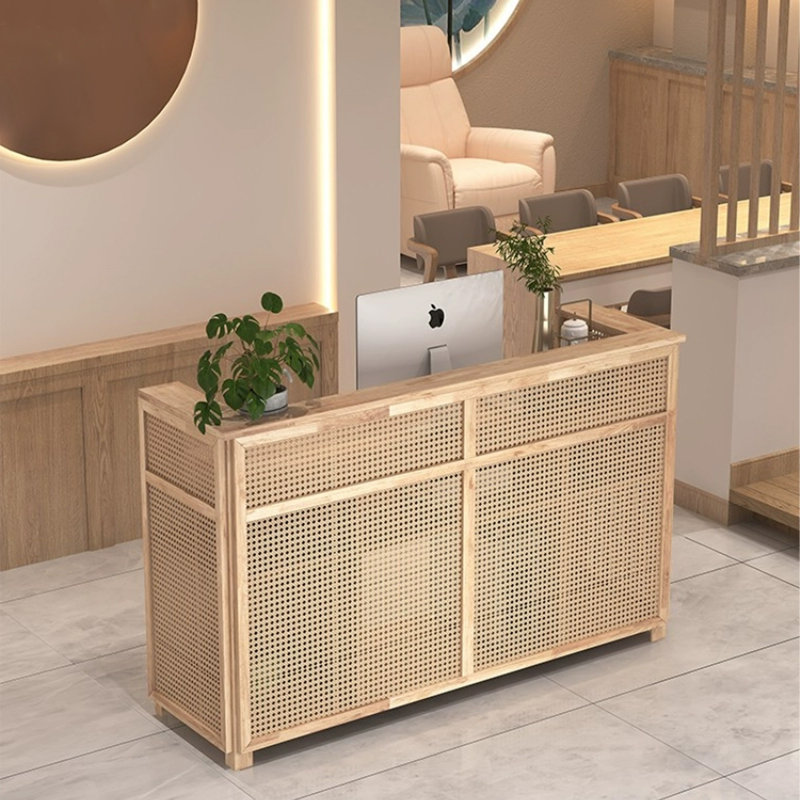 Brown Rectangular Solid Wood Reception Desk, 39.37" H x 59.06" W x 19.69" D