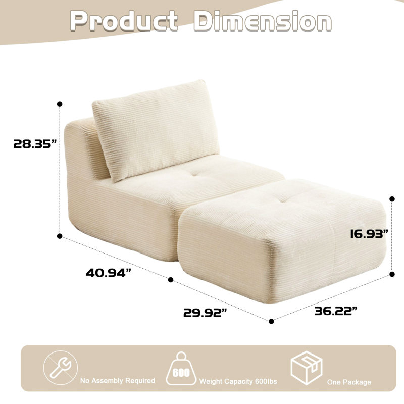 Méridienne simple compressée en mousse à mémoire de forme moderne, tissu en velours côtelé, mobile, sans assemblage, rembourrage haute densité, pour espaces multiples, tissu modulaire ergonomique