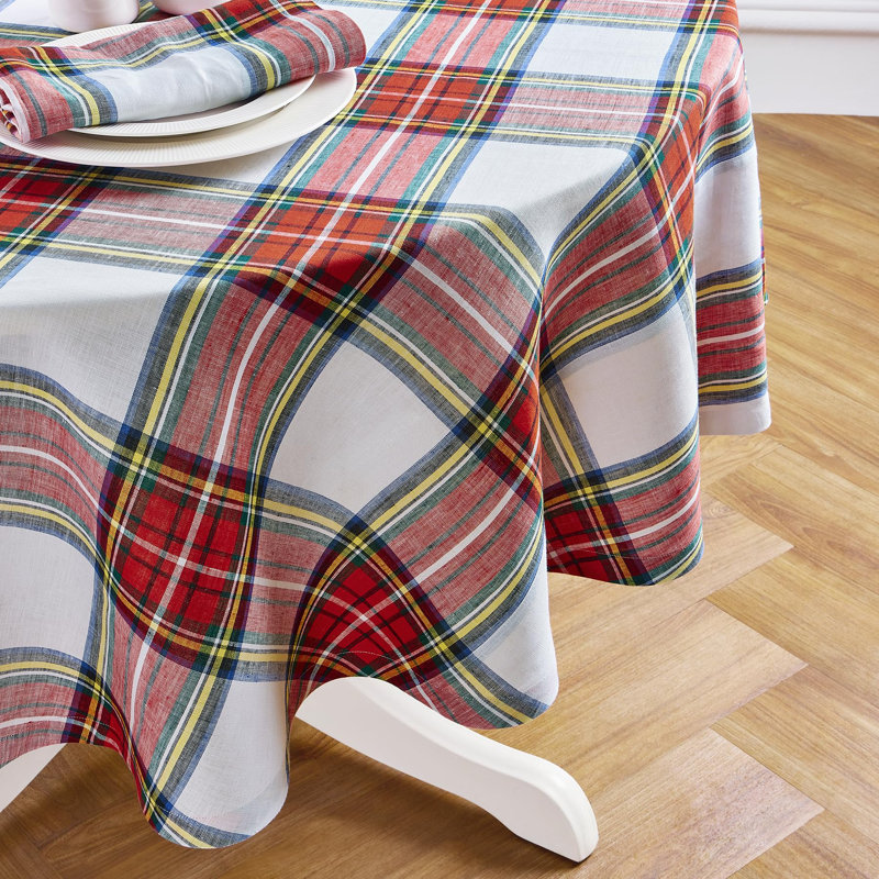 Stewart Plaid - 100% Pure Linen Christmas Round Tablecloth, 70" Round