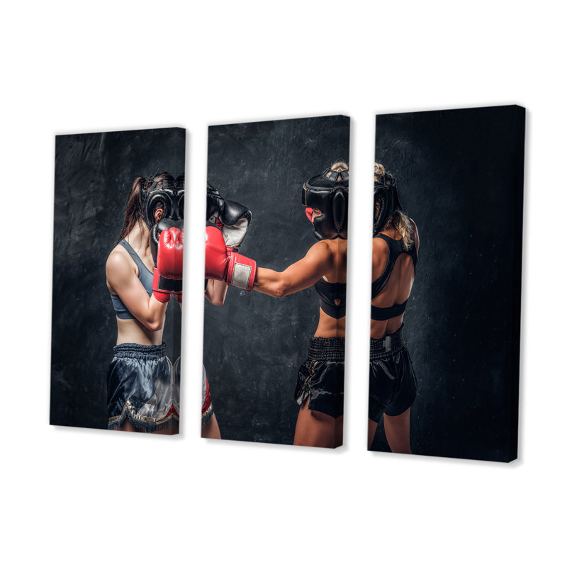 Deux femmes boxeurs se battant - ensemble d'art mural de boxe sportive, H 28 po x l 36 po