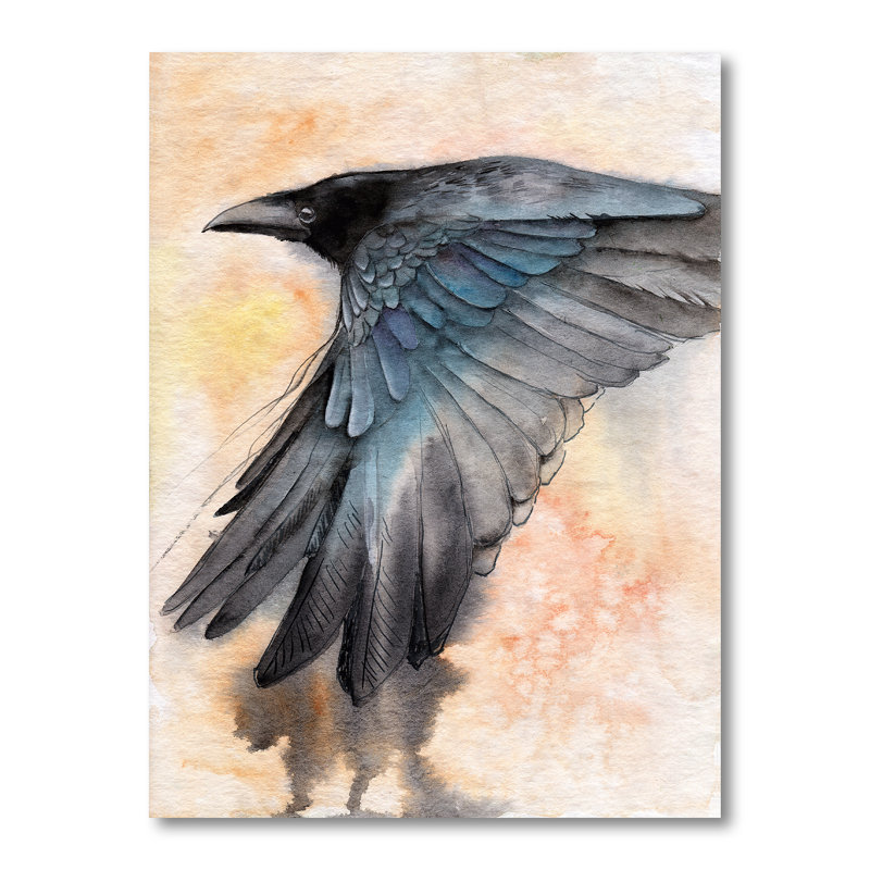 Corbeau noir déployant ses ailes - peinture sur toile, H 40 po x l 30 po, Toile tendue