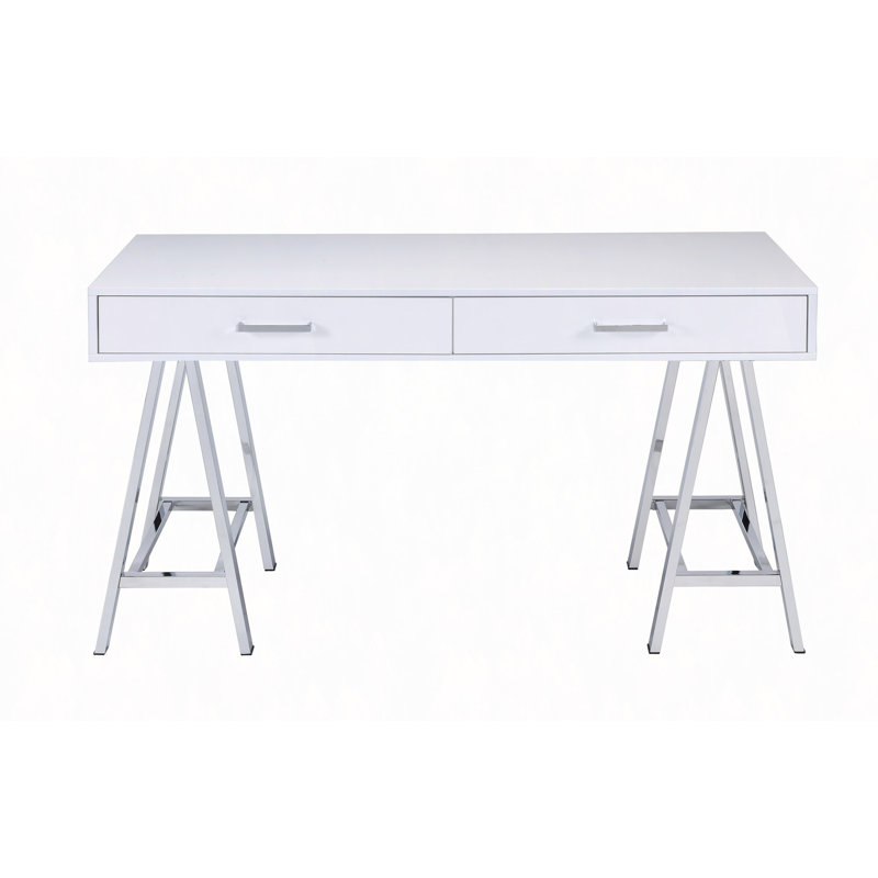 White High Gloss & Chrome Finish Writing Desk W/USB, White