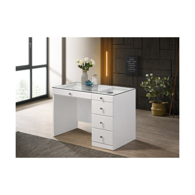 Glam Vanity Table with Glass Top and 5 Drawers