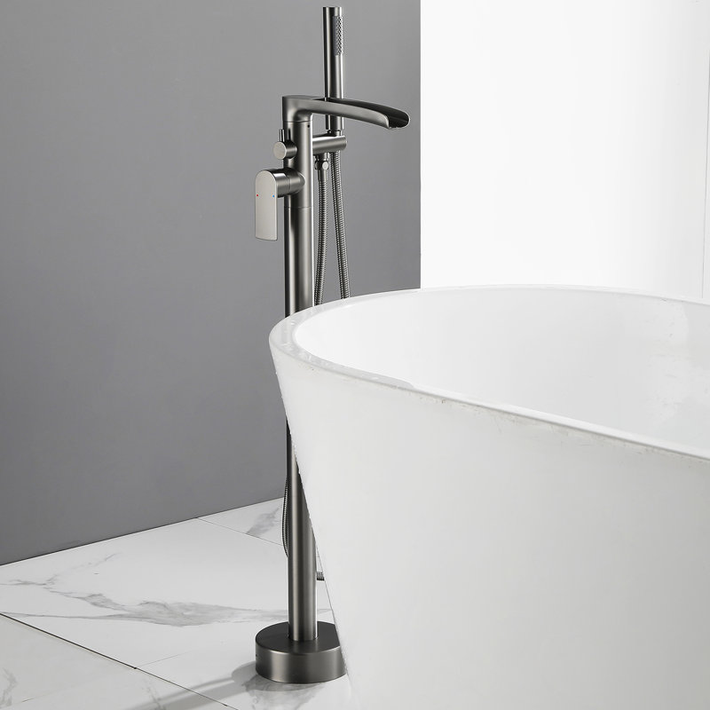 37.5" Solid Brass Floor Mounted Single Lever Handle Freestanding Tub Faucet, Waterfall Tub Filler With Handshower, Gun Gray