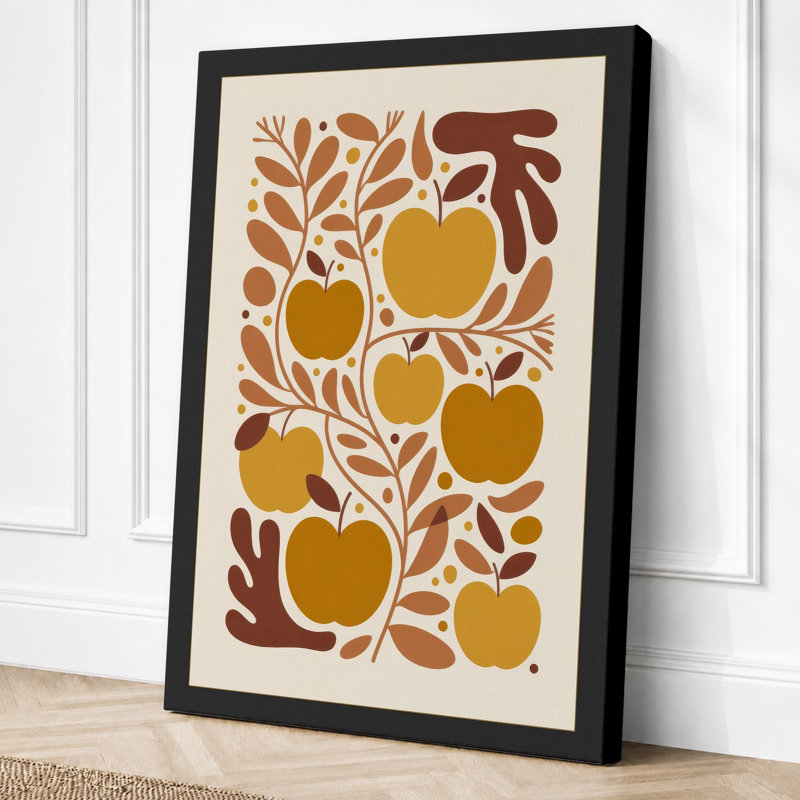 Golden Apples in Pattern Botanical 1 Piece Wrapped Canvas Wall Art, 30x20 - 76.2 x 50.8 cm, Black Border