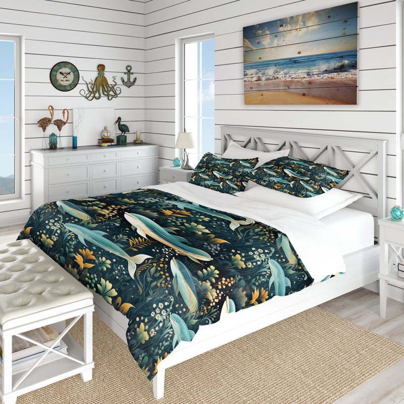 Ensemble de housse de couette Oceanic Whale, Housse de couette pour grand lit et 2 taies décor