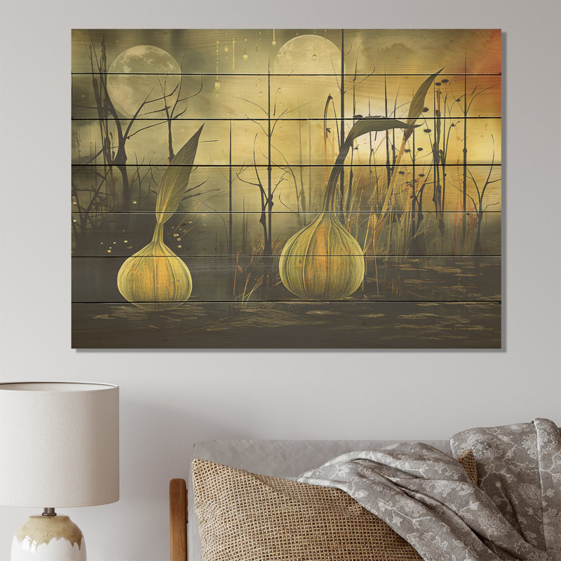 Fenêtre verte, paysage de rêve avec herbes, impression florale sur bois, H 34 po x l 44 po