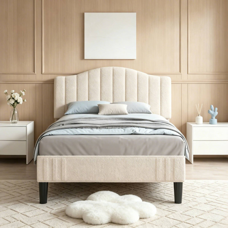 Structure de lit simple tapissier en tissu beige avec tête de lit réglable en hauteur, rangement silencieux, aucun sommier tapissier requis