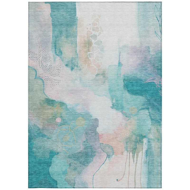 Tapis intérieur/extérieur lavable, abstrait, turquoise, rose poudré et ivoire, 2,74 m x 3,66 m