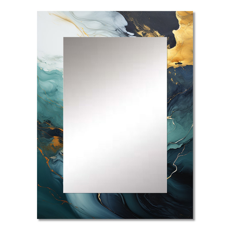 Or et vert cascade de marbre blanc I - peinture abstraite unique miroir mural, miroir doré, impression sur métal