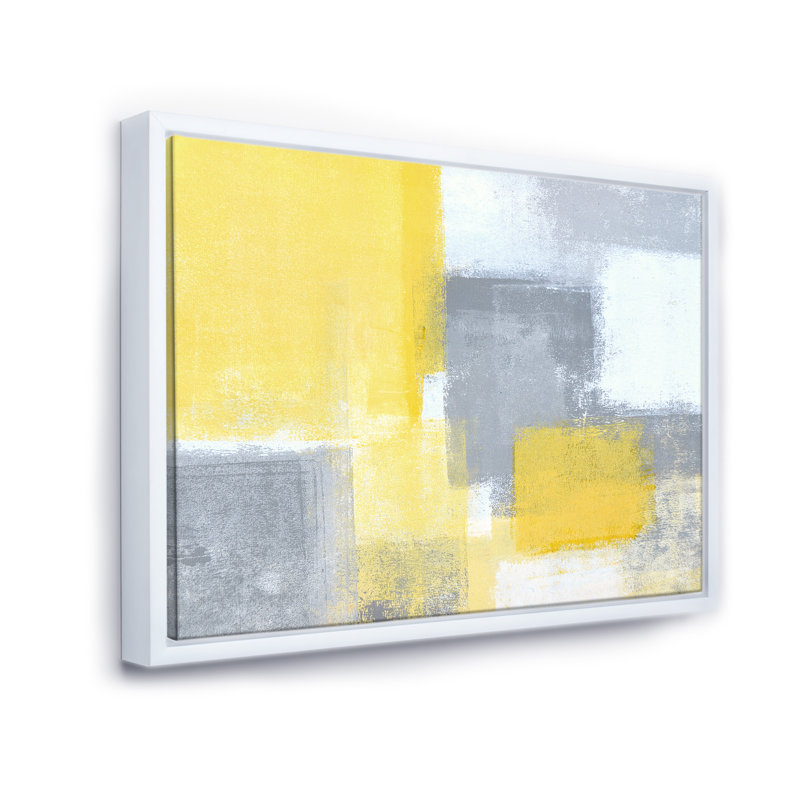 Gris et jaune bleu abstrait XXI - reproduction sur toile, H 12 po x l 20 po, Cadre flottant, Blanc