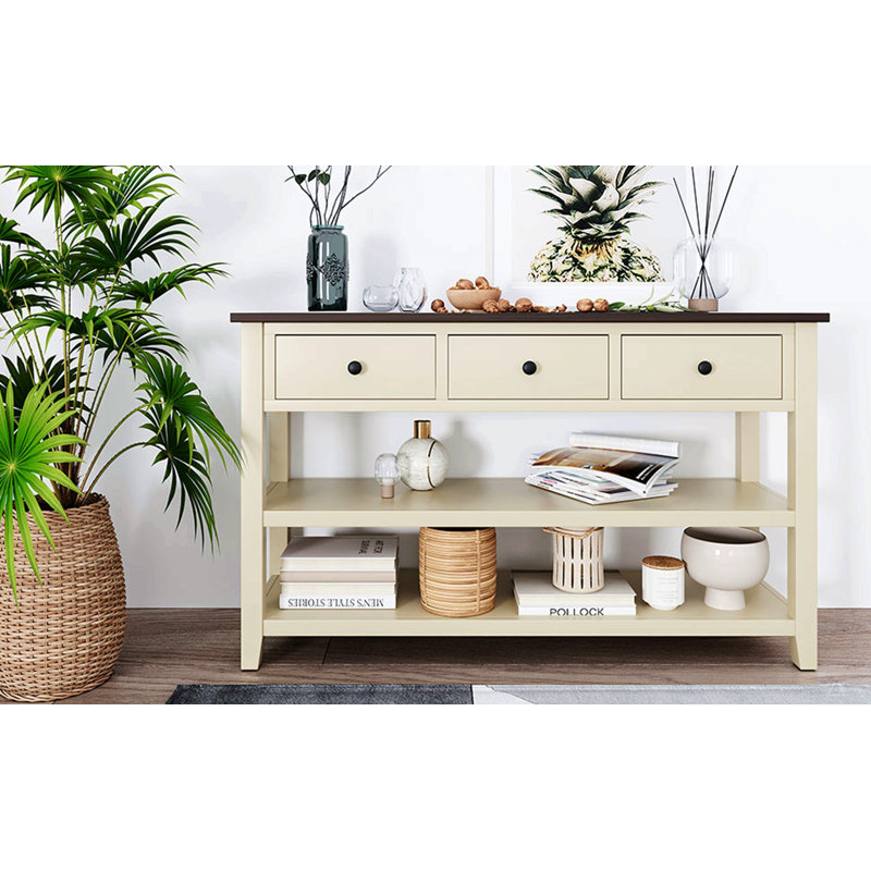 Console avec deux tablettes ouvertes, structure en bois de pin massif et pieds pour le salon