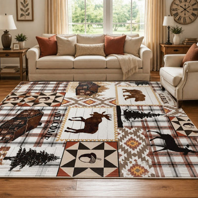 1 pièce tapis de patchwork de la faune de chalet - thème rustique écossais de forêt de cerfs, style maison de campagne, lavable, antidérapant, pour le salon, la chambre, la cuisine, le bureau, la décoration intérieure, pour la maison