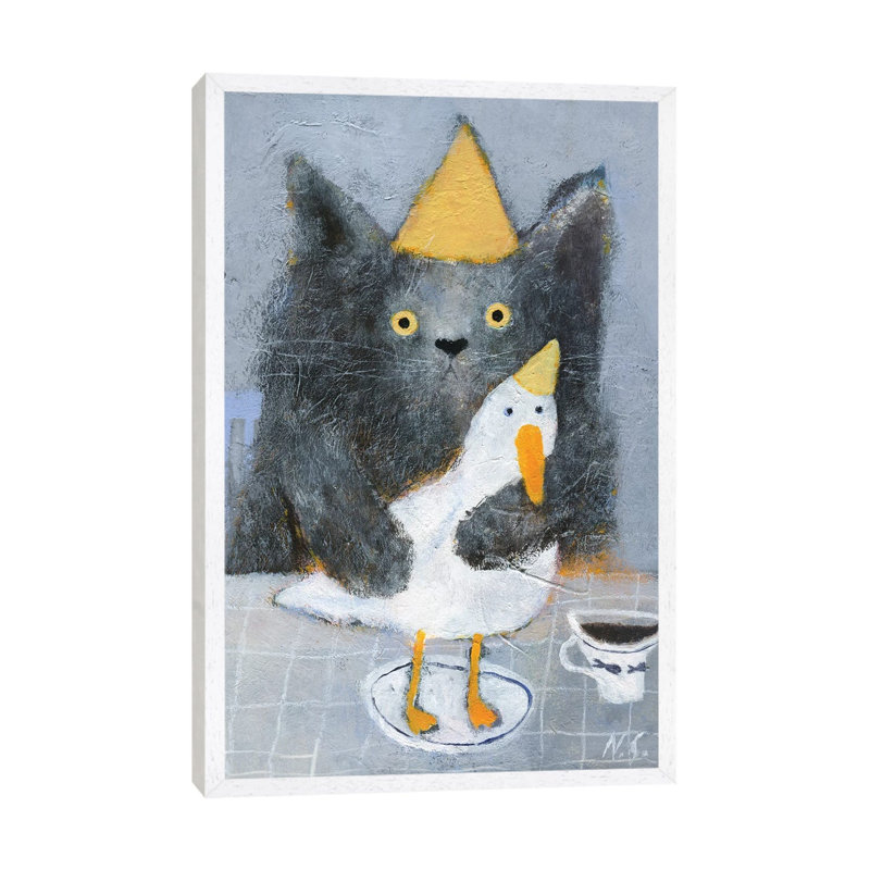 Cat And Duck On The Plate by Natalia Shaloshvili - Painting on Canvas, White Framed, 101.6cm H x 66.04cm W x 3.81cm D