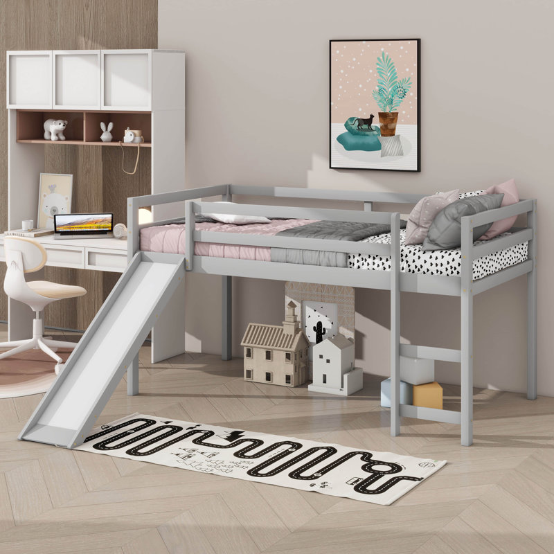 Lit mezzanine multifonctionnel avec glissade, Gris