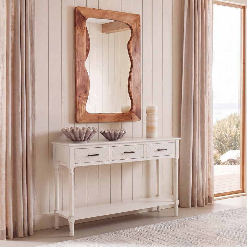 Stylish Chupp 47.3'' Console Table –Solid Wood Top with Storage Drawers, Turned Legs & Display Shelf, Distressed White
