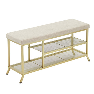 2-in-1 Gold Metal Shoe Rack Bench, 2-Tier Storage with Soft Cushioned Seat, for Entryway Hallway Living Room Bedroom