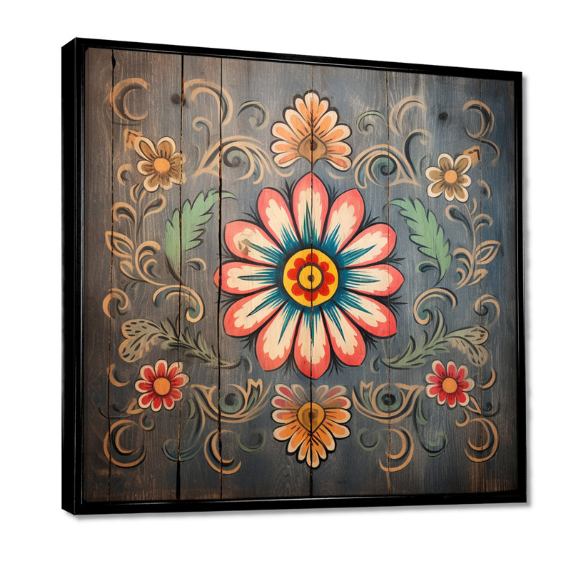 Fleur ornementale rétro rose et bleu - art mural floral, Toile avec cadre flottant noir, H 16 po x l 16 po x P 1 po