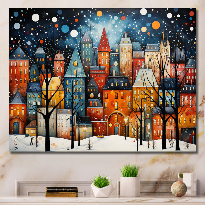 Orange orange Village Art déco - Art mural déco ville, Toile tendue, H 12 po x l 20 po x P 1 po