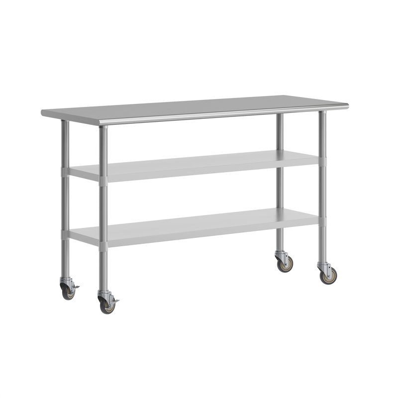 Table de travail commerciale en acier inoxydable avec deux tablettes et roulettes, H 34,5 po x L 60 po x l 24 po