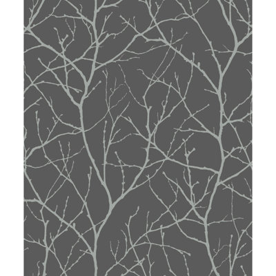 Trees Silhouette Floral Metallic Wallpaper Roll