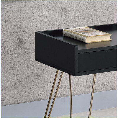 Table basse Mid-Century en bois aggloméré noir avec pieds en épingle à cheveux en cuivre Tiroir de rangement, facile à nettoyer