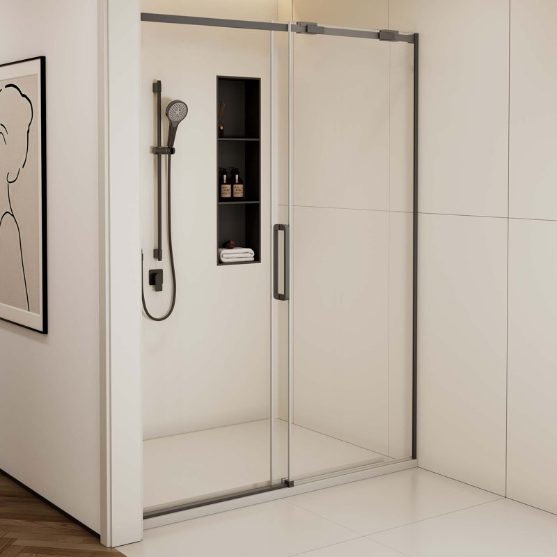 Porte de douche coulissante simple semi-cadre, acier inoxydable, finition polie, verre trempé transparent, poulie anti-déraillement de rail de guidage de type C