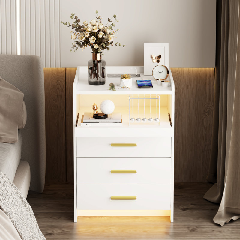 Eaden 3 Drawer Nightstand With Light, White