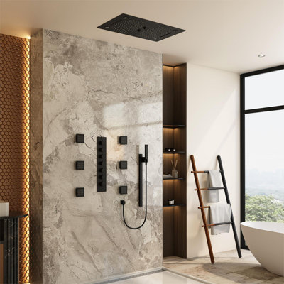 Rodeo 27.5-Inch LED&Music Rainfall Thermostatic Shower System with Slide Bar and 2-in-1 Handheld