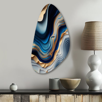 «Vibrant Blue and Gold Flow Art II», reproduction d'art de forme irrégulière transitionnelle, art mural asymétrique en métal bleu
