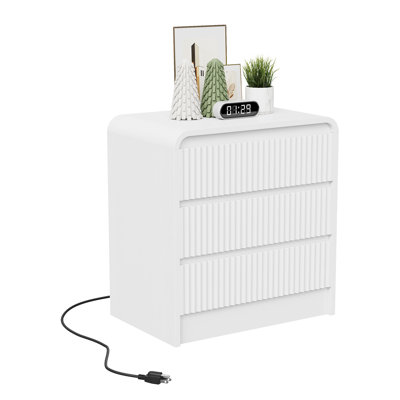 Fluted Nightstand with Charging Station, 3-Drawer Wooden Bedside Table with USB & Type-C Ports for Bedroom Modern Living