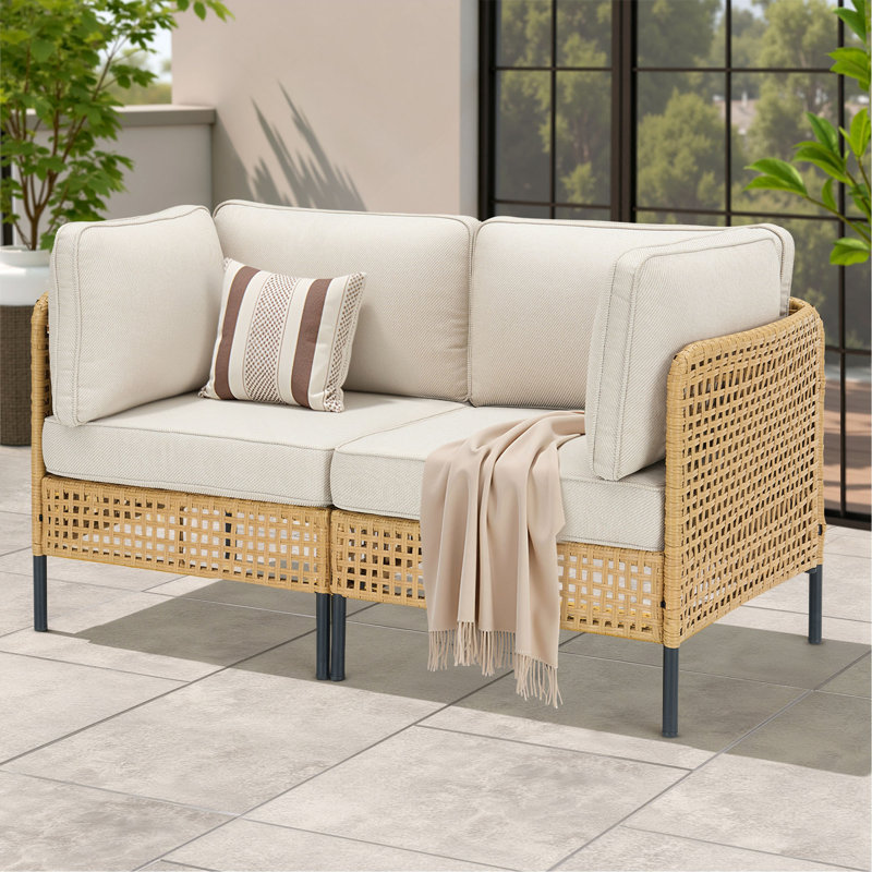 Outdoor Natural Wicker Sofa Boho Patio Sectional Loveseat Furniture Set With Beige Csuhions