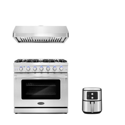 3 Piece Kitchen Appliance Package with 36"" Freestanding Gas Range 36"" Under Cabinet Range Hood & 5.5L Electric Hot Air Fryer -  Cosmo, COS-3PKG-253