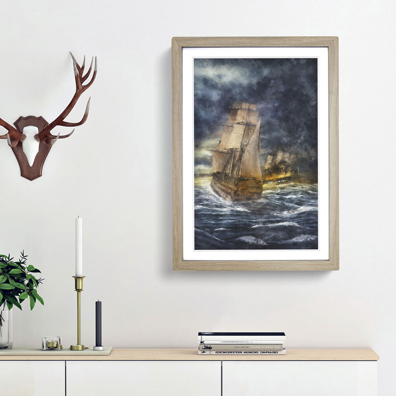 Naval Battle Ship at War - Picture Frame Graphic Art Print, Oak Framed, 63cm H x 45cm W x 2cm D