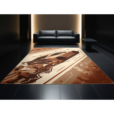 Machine Washable Aust Drifting Car Scene Sleek & Chic Modern Geometric Rug in Beige – Beige Binding