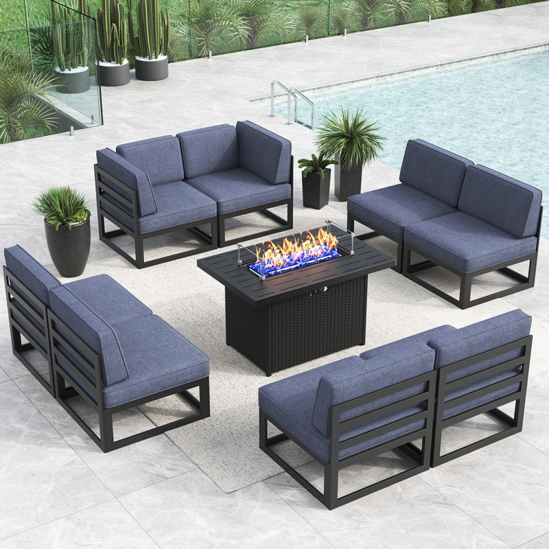 Ensemble modulaire d'extérieur 9 pièces avec table de feu 9 pièces, Marine