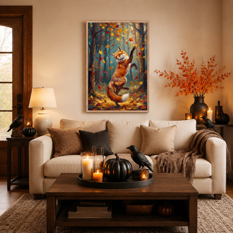 «Fox Catching Autumn Leaves in Forest», art mural sur toile, 24"H x 18"W