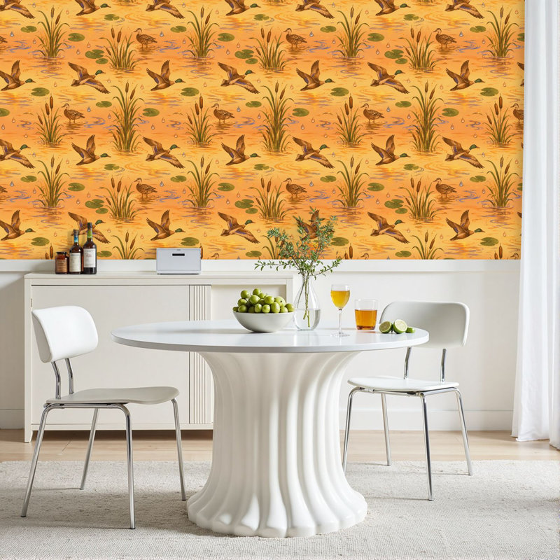 Papier peint adhésif à motif de feuilles de nénuphars oranges avec feuilles de nénuphars Lake