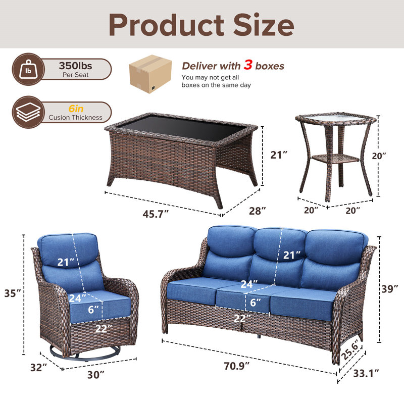  5-Piece Patio Furniture Set With Swivel Glider Chairs, 6-Inch Ultra-Plush Cushions & Water-Resistant Olefin Fabric, Blue