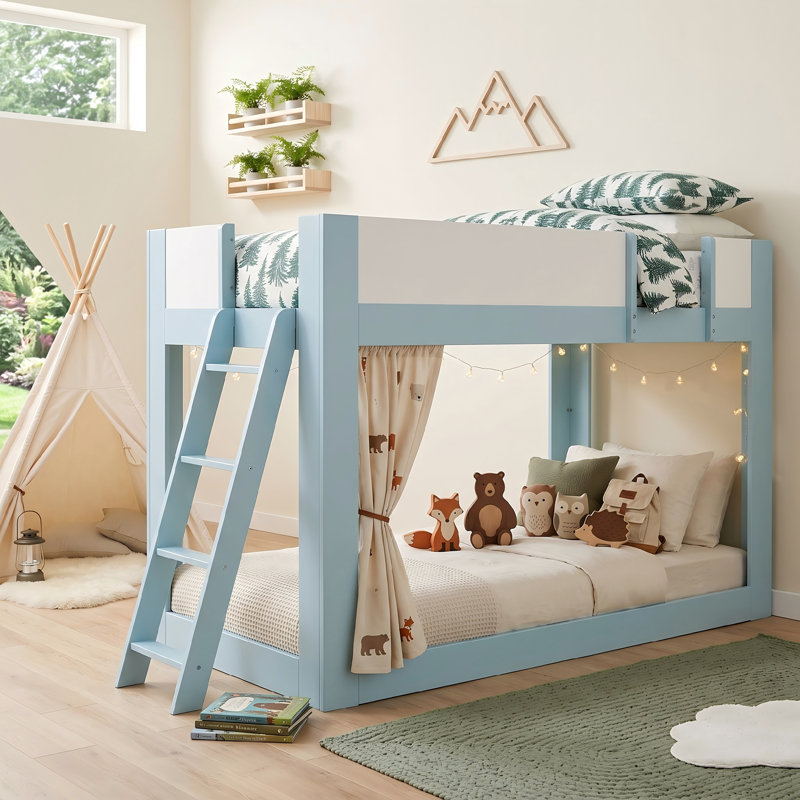 Lit superposé bas avec échelle réversible, lit superposé convertible en bois massif avec garde-corps de sécurité pour plafonds bas