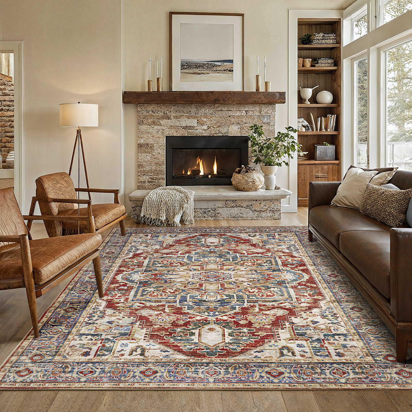 Oriental Inspired Vintage Machine Washable Area Rug with Non-Slip Backing for  High Traffic Area, Living Room, Bed Room, Kitchen, Hallway Runner, Entryway Rug