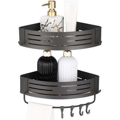 Corner Shower Caddy - Silver - 2-Pack No-Drill Aluminum Triangular Shelves With Towel Bar & Hooks, Rustproof Wall-Mounted Organizer For Shower & Kitchen
