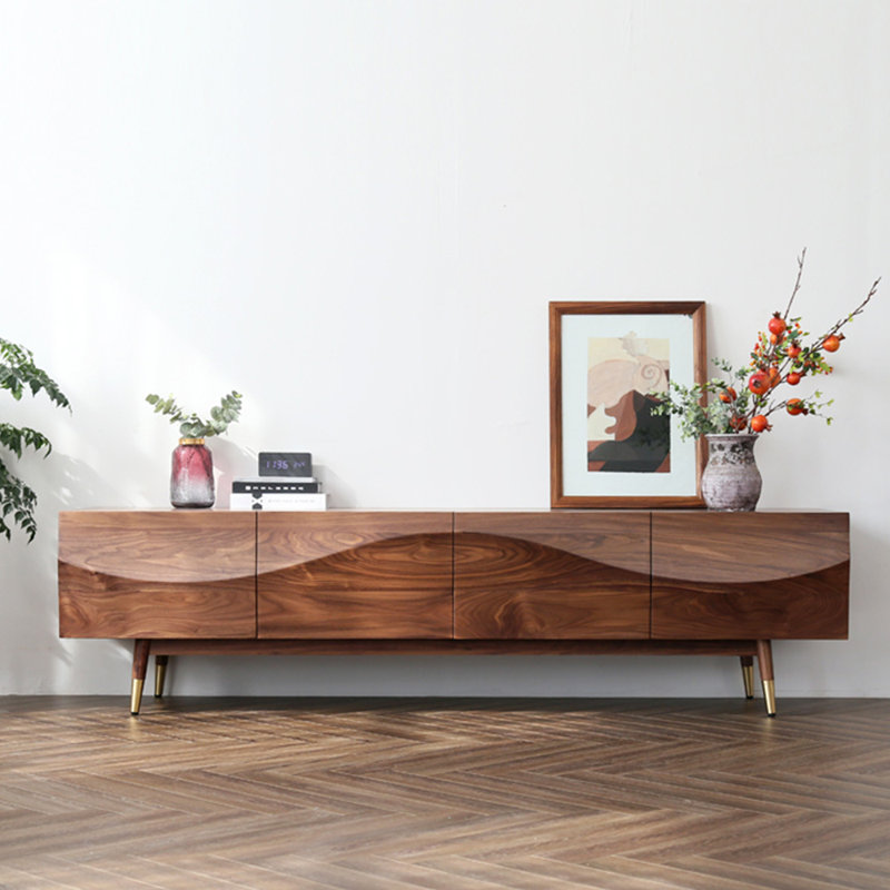 Meuble télé  Mid-Century, console média moderne en bois avec tiroirs, pieds dorés, 94.48"