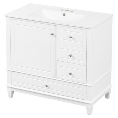 36" Bathroom Vanity With Ceramic Sink, MDF & Solid Wood Base, 3 Drawers & Cabinet With Shelves Painted Finish, Freestanding Vanity Cabinet With 4-Inch Faucet Holes