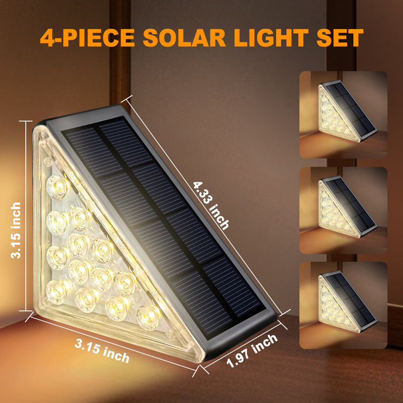 Éclairage de marche triangulaire à DEL à énergie solaire, éclairage d'escalier extérieur imperméable IP65, blanc chaud, ensemble de 4 pour escaliers, terrasse, patio et cour