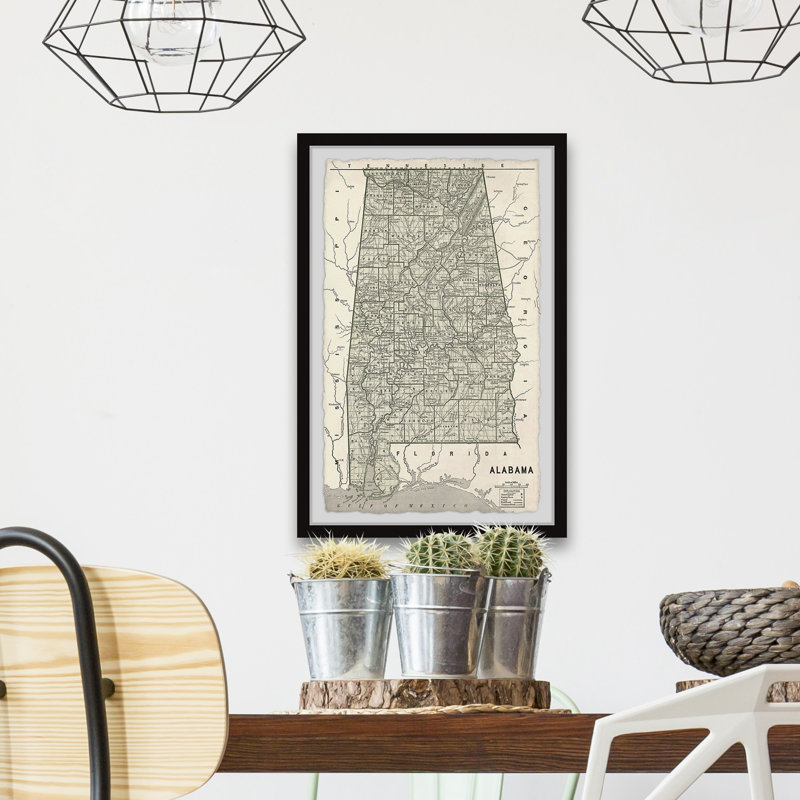 Carte de l'Alabama gris - impression encadrée sur papier, H 30 po x l 20 po x P 1,5 po