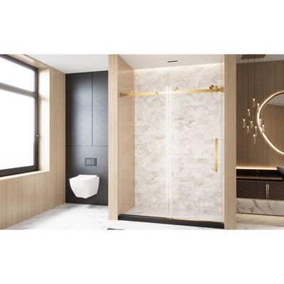 Single Sliding Shower Door With 1/4" (6 Mm) Clear Tempered Glass, Proof Film, Stainless Steel Handle And Square Tube Track, Brushed Gold, American Style For Bathroom, Large Wheels Smooth Easy