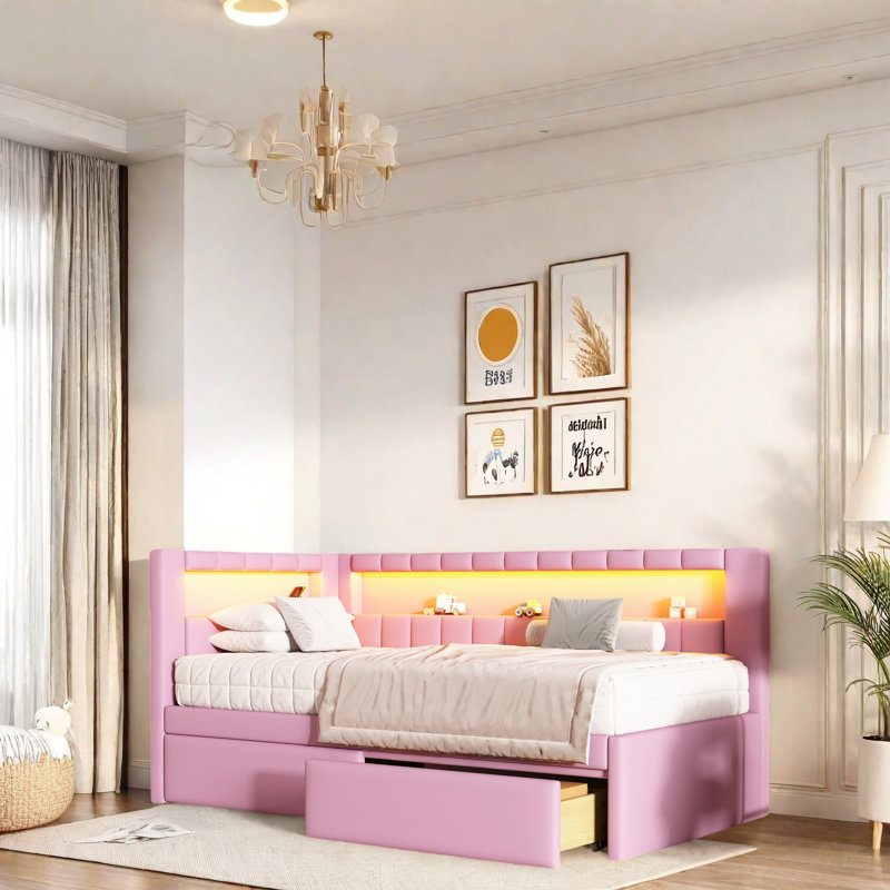 LED Platform Bed Frame with Storage Drawers, USB Ports, 7-Color Adjustable LED Lights, Sturdy Wood Frame with Linen Slats, No Box Spring Needed
